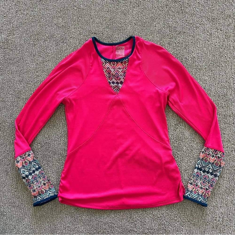 Lucky in Love Pink Ink Print Long Sleeve Pull Over Top Small